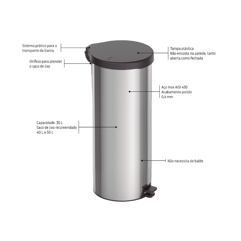 Lixeira com Pedal Tramontina New em Aço Inox com Acabamento Polido 30 L