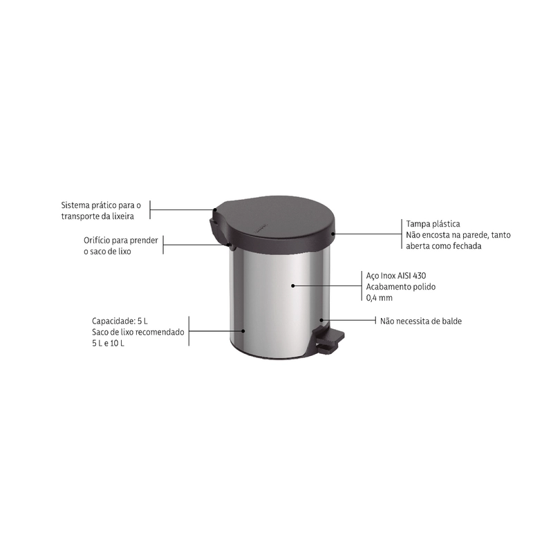 Lixeira com Pedal Tramontina New em Aço Inox com Acabamento Polido 5 L