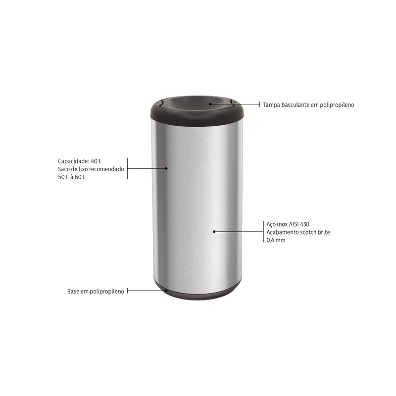 Lixeira Inox Tramontina Piemonte 40 L com Acabamento Acetinado e Tampa Basculante Preta em Polipropileno