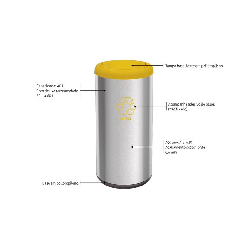 Lixeira Inox Tramontina Piemonte com Acabamento Acetinado e Tampa Basculante Amarela em Polipropileno 40 L