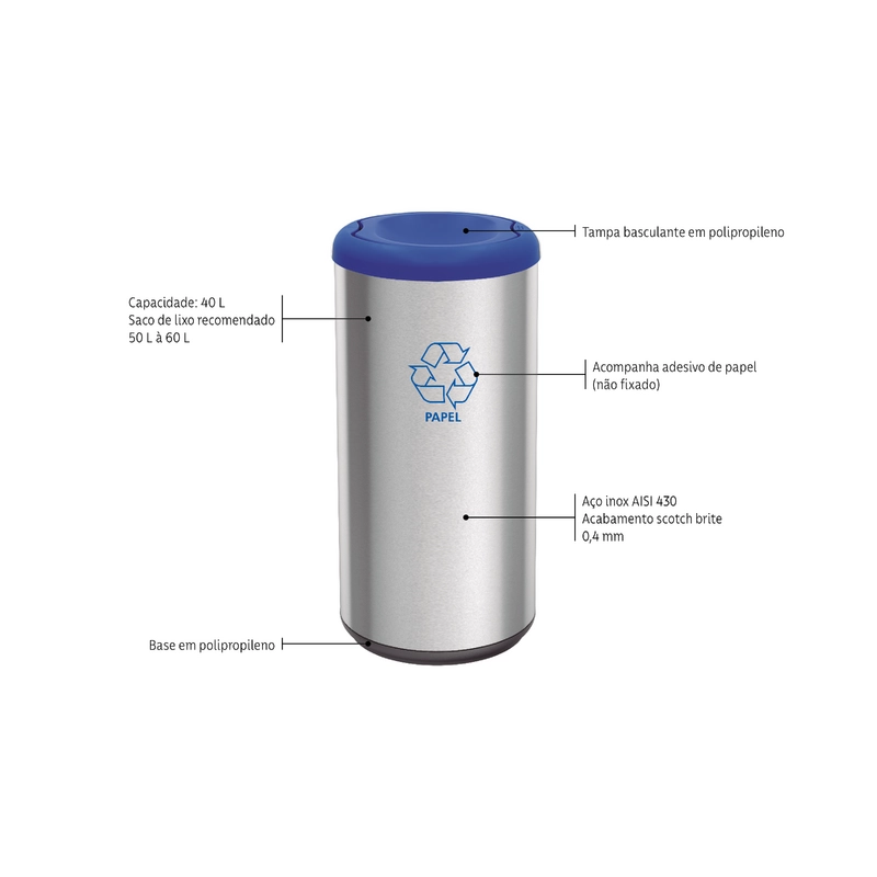Lixeira Inox Tramontina Piemonte com Acabamento Acetinado e Tampa Basculante Azul em Polipropileno 40 L