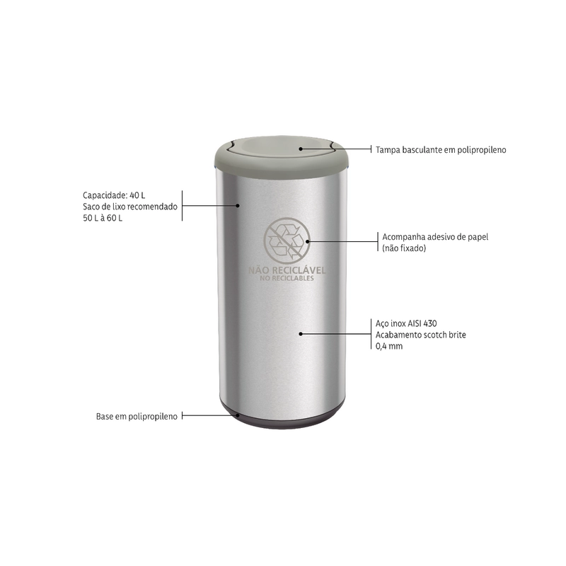 Lixeira Inox Tramontina Piemonte com Acabamento Acetinado e Tampa Basculante Cinza em Polipropileno 40 L