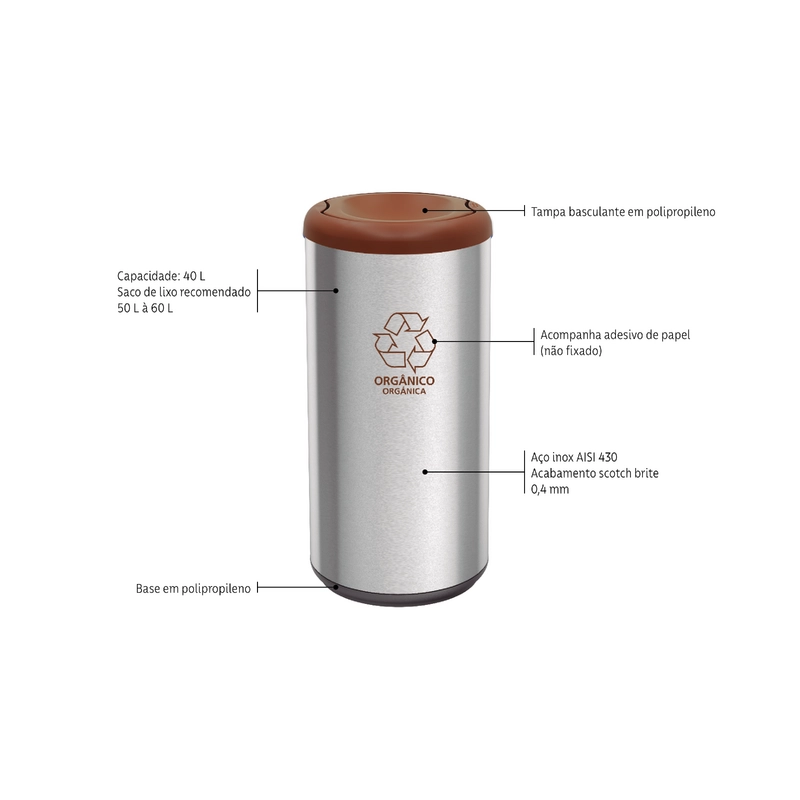 Lixeira Inox Tramontina Piemonte com Acabamento Acetinado e Tampa Basculante Marrom em Polipropileno 40 L
