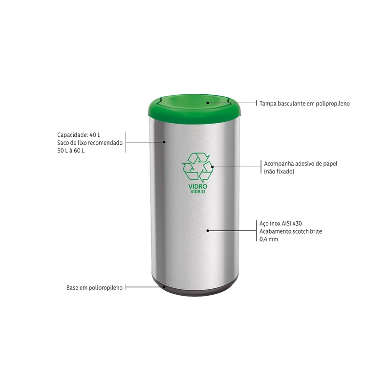 Lixeira Inox Tramontina Piemonte com Acabamento Acetinado e Tampa Basculante Verde em Polipropileno 40 L