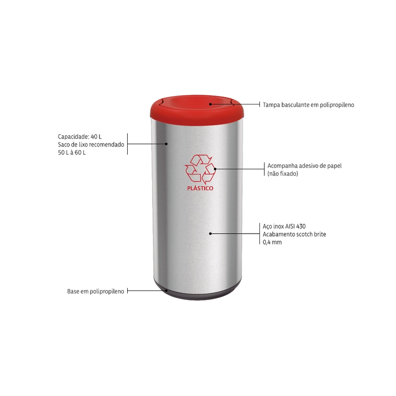 Lixeira Inox Tramontina Piemonte com Acabamento Acetinado e Tampa Basculante Vermelha em Polipropileno 40 L