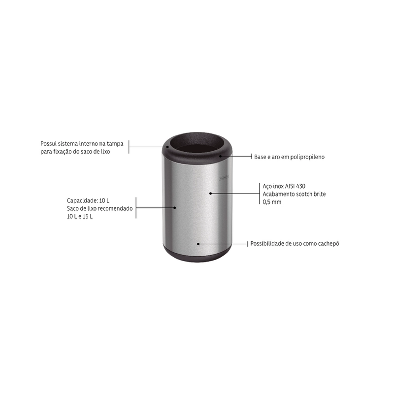 Lixeira Inox Tramontina Portofino com Acabamento Acetinado e Aro e Base em Polipropileno 10 L