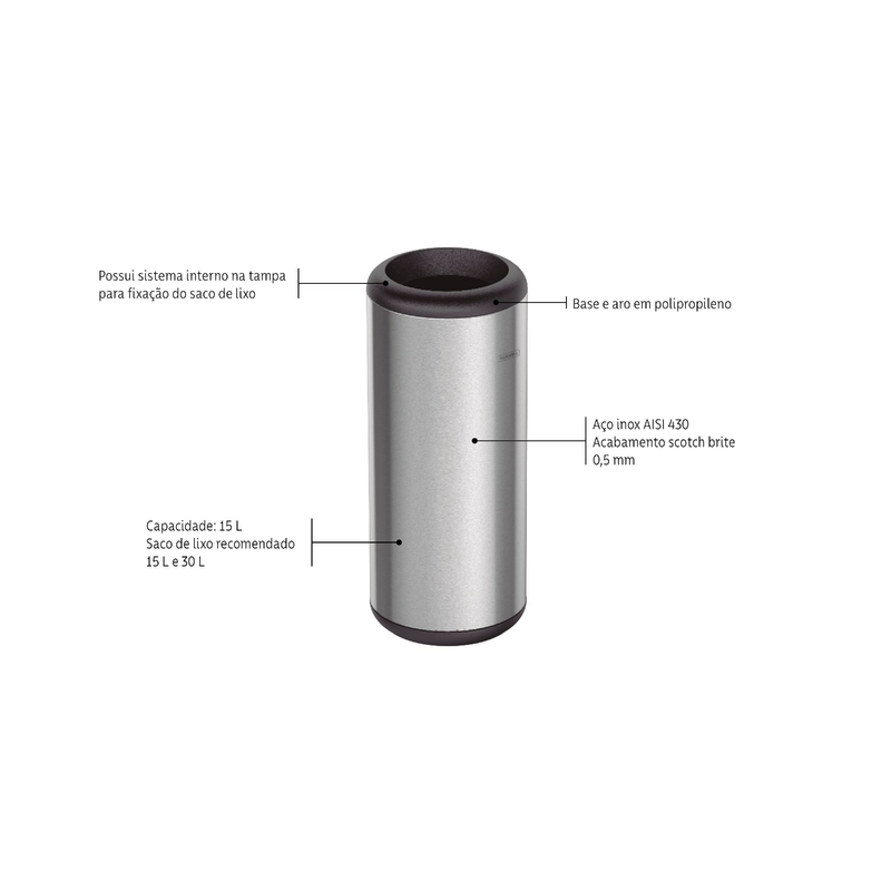 Lixeira Inox Tramontina Portofino com Acabamento Acetinado e Aro e Base em Polipropileno 15 L