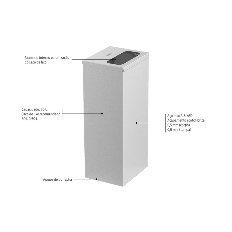 Lixeira Inox Tramontina Square com Acabamento Acetinado 50 L