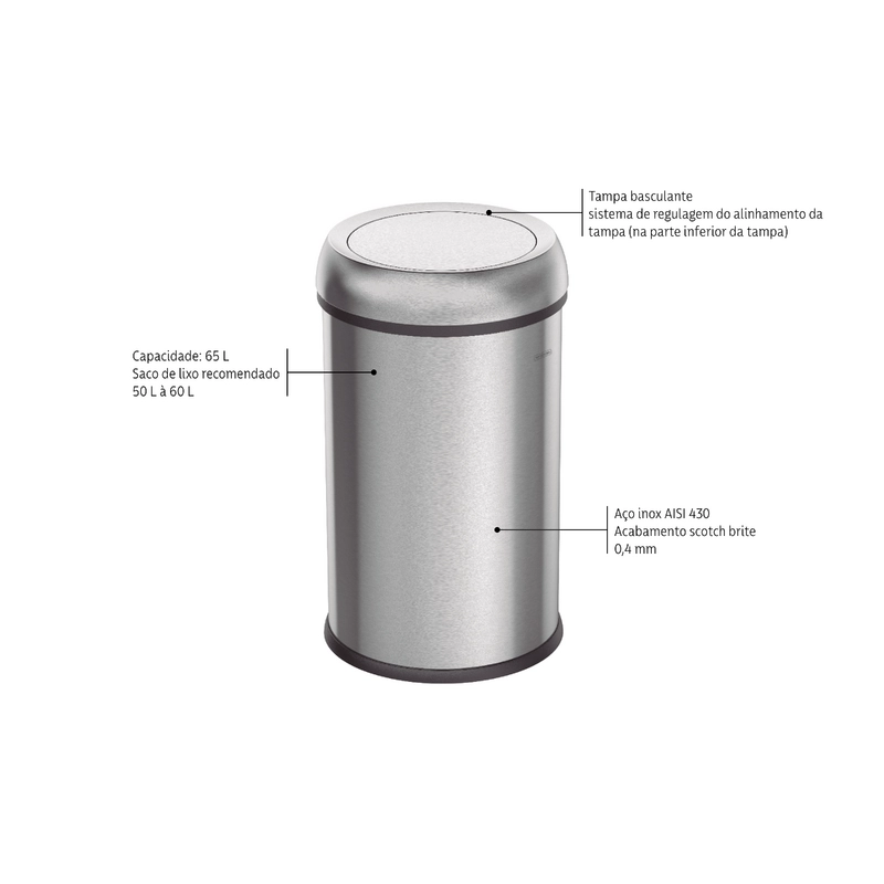 Lixeira Tramontina Friuli 65 L em Aço Inox com Acabamento Acetinado e Tampa Basculante