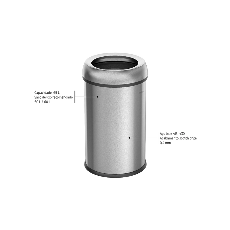 Lixeira Tramontina Friuli em Aço Inox com Acabamento Acetinado 65 L sem Tampa