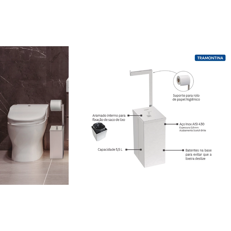 Lixeira Tramontina Luz Slim em Aço Inox 5,5 L com Suporte para Papel Higiênico