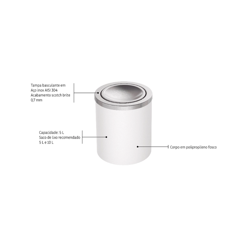 Lixeira Tramontina Útil Basculante em Aço Inox com Acabamento Acetinado e Corpo em Polipropileno Branco 5 L