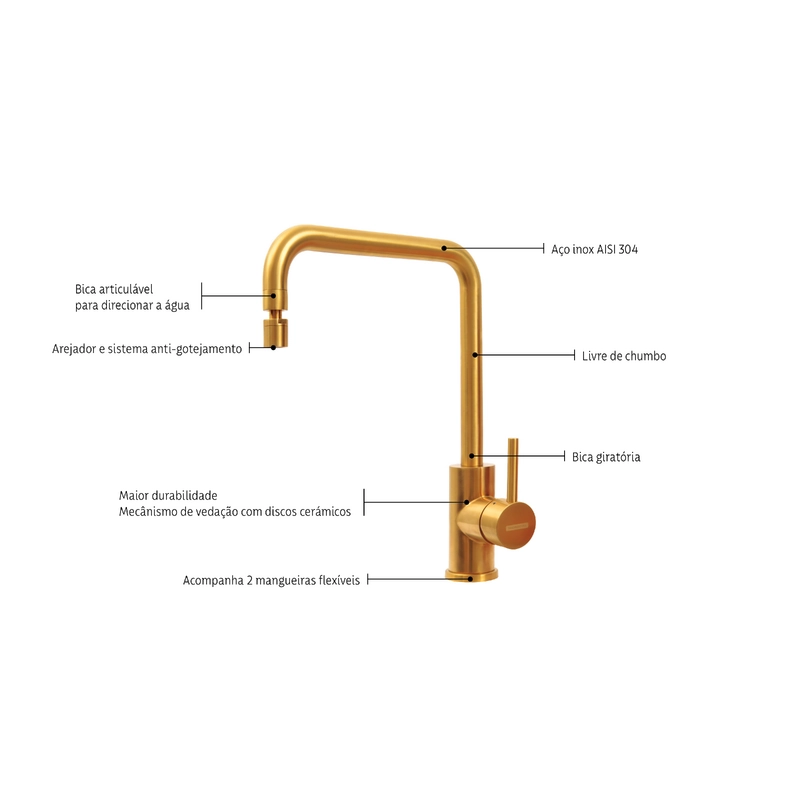 Monocomando Tramontina Angolare em Aço Inox Gold com Bica Articulada com revestimento PVD