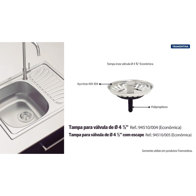 Tampa de Válvula Tramontina Econômica 4 1/2" em Aço Inox Polido e Polipropileno para Pias e Cubas