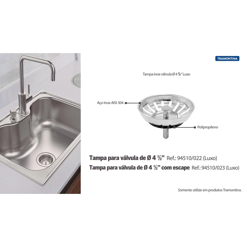 Tampa de Válvula Tramontina Luxo 4 1/2" em Aço Inox Polido e Polipropileno para Pias e Cubas