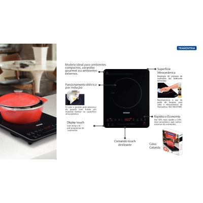 Cooktop Portátil por Indução Tramontina Slim Touch EI 30 com 1 Área de Aquecimento e Comando Touch 220V