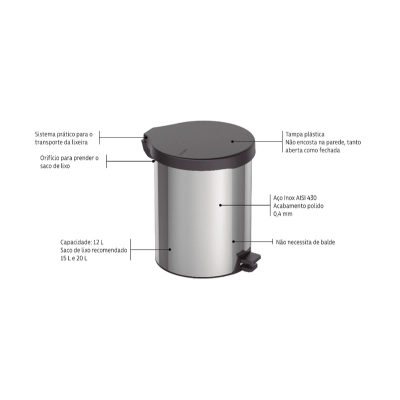 Lixeira com Pedal Tramontina New em Aço Inox com Acabamento Polido 12 L