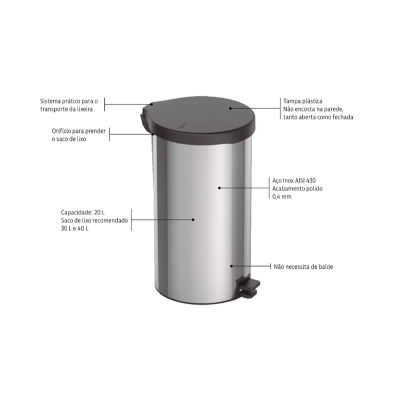 Lixeira com Pedal Tramontina New em Aço Inox com Acabamento Polido 20 L