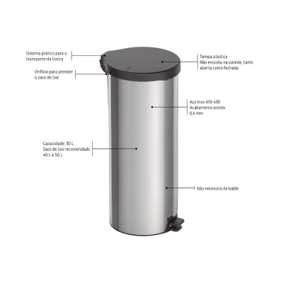 Lixeira com Pedal Tramontina New em Aço Inox com Acabamento Polido 30 L
