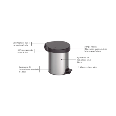 Lixeira com Pedal Tramontina New em Aço Inox com Acabamento Polido 5 L
