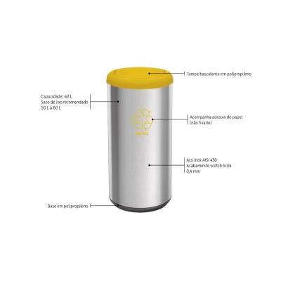 Lixeira Inox Tramontina Piemonte com Acabamento Acetinado e Tampa Basculante Amarela em Polipropileno 40 L