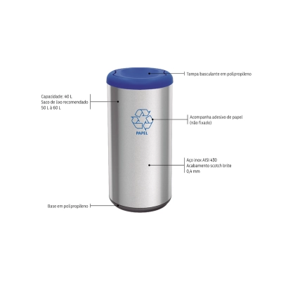 Lixeira Inox Tramontina Piemonte com Acabamento Acetinado e Tampa Basculante Azul em Polipropileno 40 L