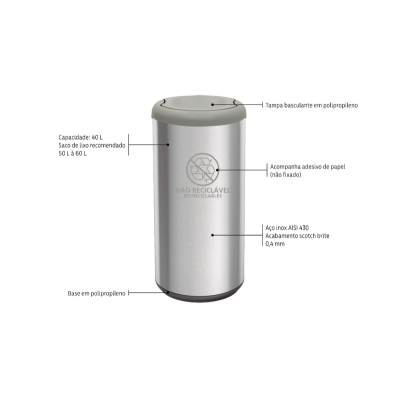 Lixeira Inox Tramontina Piemonte com Acabamento Acetinado e Tampa Basculante Cinza em Polipropileno 40 L