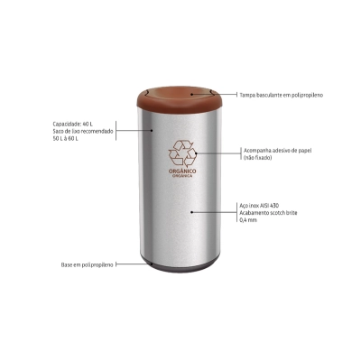 Lixeira Inox Tramontina Piemonte com Acabamento Acetinado e Tampa Basculante Marrom em Polipropileno 40 L