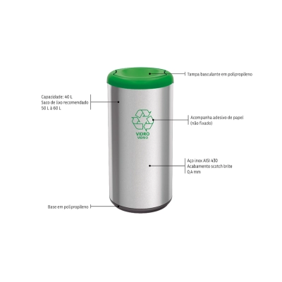 Lixeira Inox Tramontina Piemonte com Acabamento Acetinado e Tampa Basculante Verde em Polipropileno 40 L