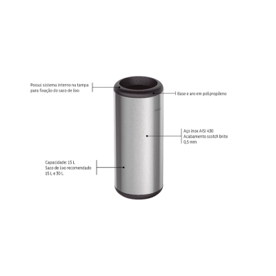 Lixeira Inox Tramontina Portofino com Acabamento Acetinado e Aro e Base em Polipropileno 15 L