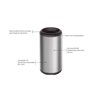 Lixeira Inox Tramontina Portofino com Acabamento Acetinado e Aro e Base em Polipropileno 23 L