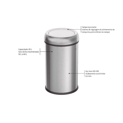 Lixeira Tramontina Friuli 65 L em Aço Inox com Acabamento Acetinado e Tampa Basculante