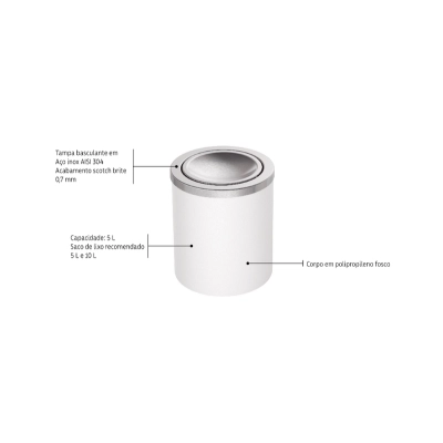 Lixeira Tramontina Útil Basculante em Aço Inox com Acabamento Acetinado e Corpo em Polipropileno Branco 5 L