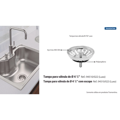 Tampa de Válvula Tramontina Luxo 4 1/2" em Aço Inox Polido e Polipropileno para Pias e Cubas